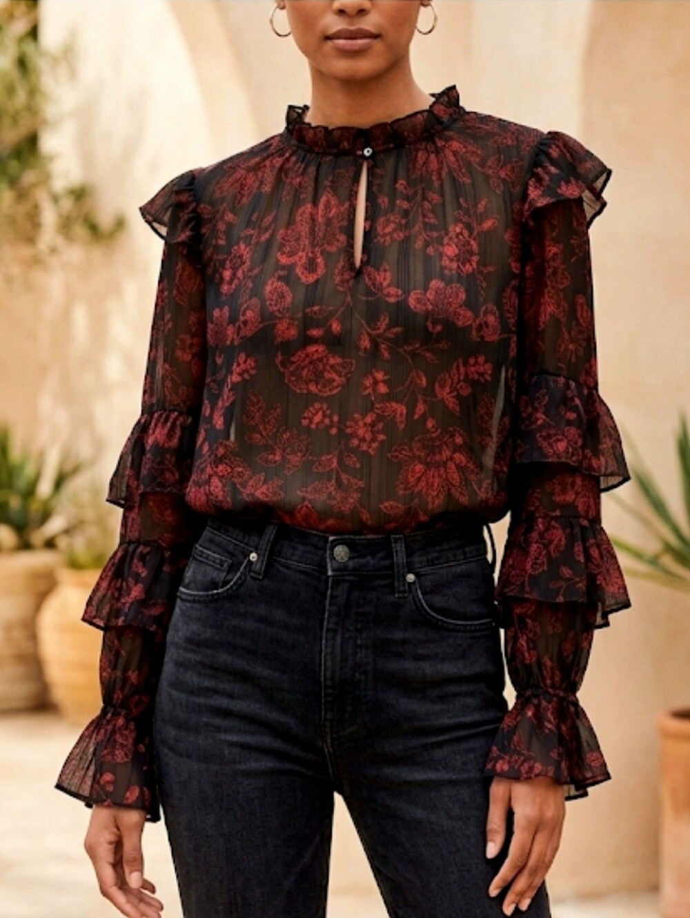 Frye Romantic Floral Ruffle Blouse Size Small